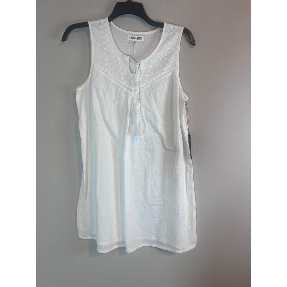 Artisan NY Sleepwear White Eyelet Tassel Lace Up Sleeveless Nightgown Large NWT